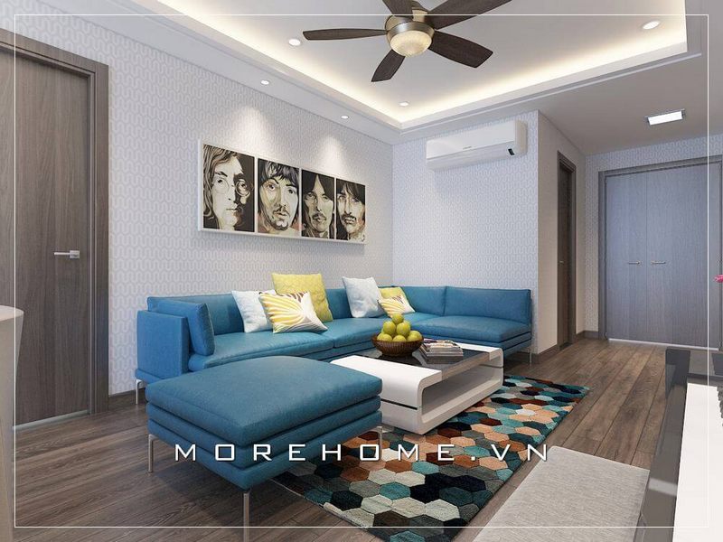 Bộ Sofa da màu xanh tươi mới thiết kế theo phong cách hiện đại phù hợp với không gian phòng khách căn hộ nhỏ gọn.
