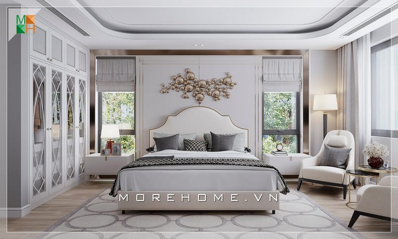 Mẫu thiết kế phòng ngủ mang phong cách tân cổ điển sang trọng, cao cấp với tông màu trắng xám, phù hợp không gian biệt thự, nhà phố