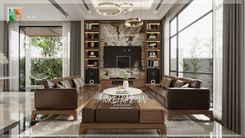 Ghế sofa bọc da dược trong phòng khách được thiết kế tinh tế, độc đáo và ấn tượng, giúp tạo ra cảm giác thân thiện khi bước vào phòng.